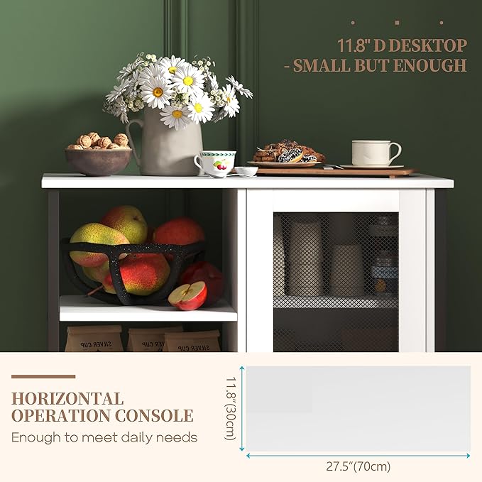 LVSOMT Mini Coffee Bar Cabinet with Storage, 27.5'' Small Kitchen Bar Table, Cute Corner Bar Cabinet for Tea, Buffet Sideboard Cabinet for Dining Room, Farmhouse Coffee Station for Wine (Pure White)