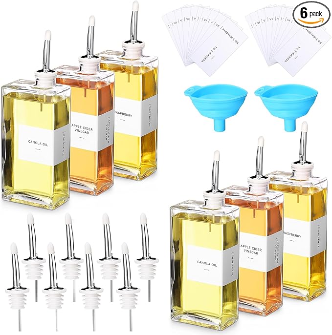 6 Sets Olive Oil Dispenser Bottles for Kitchen with Nozzles Funnel Labels Cooking Oil Dispenser 500ml Set for Kitchen Vinegar Coffee Syrup (Silver)