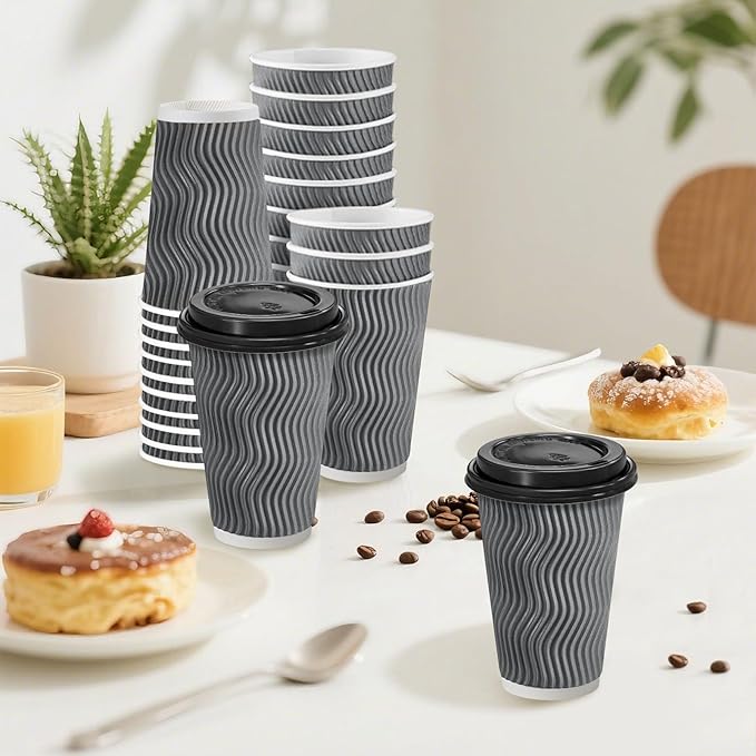 Clawsoff 500 Pack Coffee Cups with Lids 16oz, Disposable Insulated Ripple Wall To Go Paper Coffee Cups for Hot/Cold Drinks Office Home Shop Event (Grey)