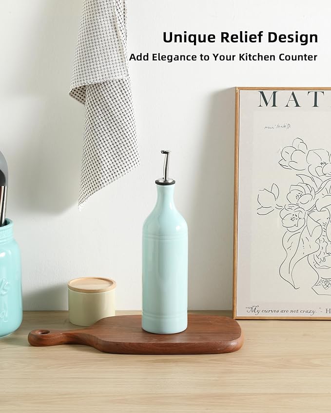 Sweejar Large Ceramic Olive Oil Dispenser Bottle, Opaque Oil Cruet Protects to Reduce Oxidation, Suitable for Storage Vinegar, Soy Sauce & Other Liquids, Pack of 1, 24 Fl Oz(Light Blue)