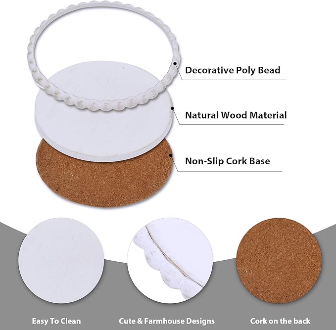 GENMOUS 6 Pack Farmhouse Wooden Bead Coasters with Metal Holder for Coffee Table Decor, Round Handmade Cup Coasters Set for Drinks Absorbent, Rustic Cute Coaster for Home Kitchen Table Décor