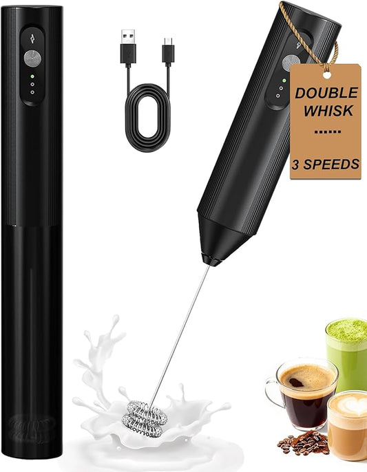 Rechargeable Milk Frother With Cover, Handheld 3-Speed Coffee Frother, Dual Spring Whisk Electric Frother Wand For Coffee, Latte, Cappuccino, Frappe Drink, Hot Chocolate, Black