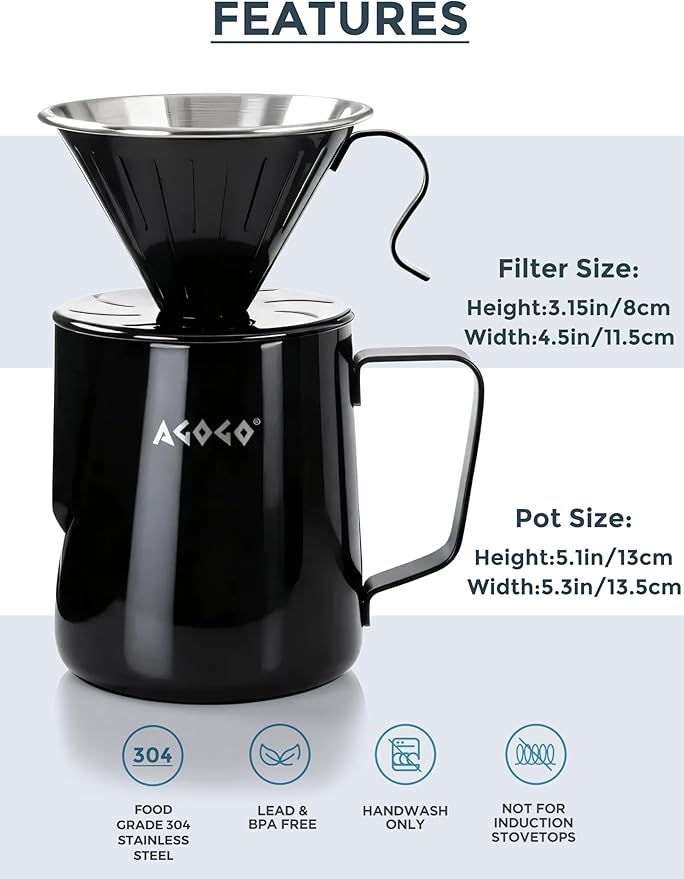 AGOGO Portable Pour Over Coffee Maker V60 Set - Easy Cleaning Compact 304 Stainless Steel Dripper for Camping & 50 Filters Paper & Cleaning Rag Black 30oz