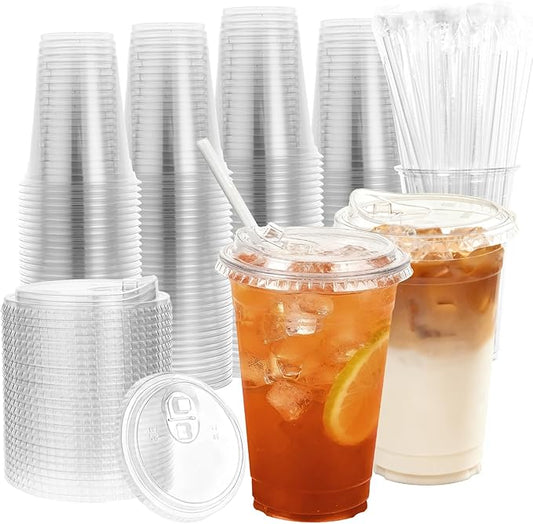 Goodluck 100 Pack 20 oz Plastic Cups With Strawless Sip Lids, Disposable Iced Coffee Cups with Lid, Clear To Go Cups for Smoothies, Party Drinks, Bubble Tea, Cold Beverage, Straws Included BPA Free