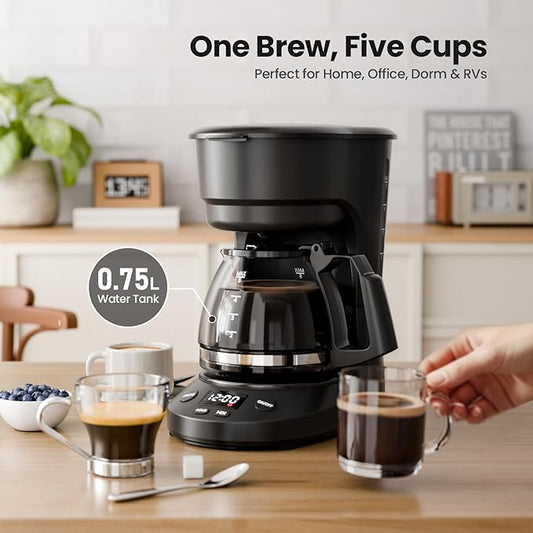 Kismile 5-Cup Drip Coffee Machine with LED Display, Small Coffee Maker with Anti-Drip, Timer, Auto Shut-Off, Dry-Boil Protection, Removable Funnel, Compact, Ideal for Home & Office (Black)
