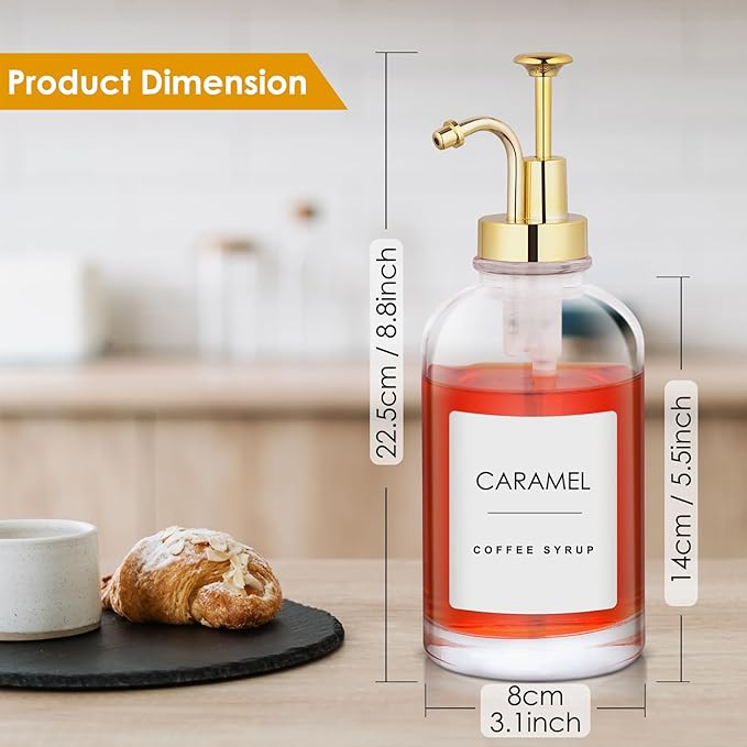Gold Upgraded 2 Pack 16.9 Oz Coffee Syrup Dispenser - Clear Glass Bottles w. Pump and 36 Labels, Coffee Bar Accessories for Cinnamon, Vanilla, Caramel