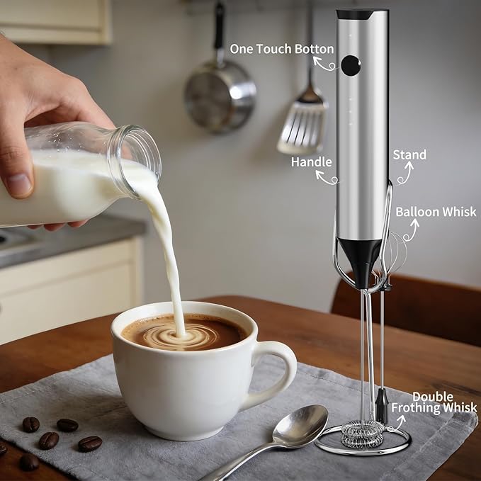 Kitchen Milk Frother Handheld with Stand, 3 Speeds Adjustable Mixer Electric Handheld Frother Wand, Hand Mixer Matcha Whisk Coffee Stirrers for Matcha, Hot Chocolate, Egg - Stainless Steel