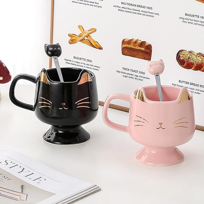 Yuwu Ceramic Coffee Mug, Cute Cat Tea Mug with Spoon, Funny Gifts for Women Girls for cat lovers (Pink)