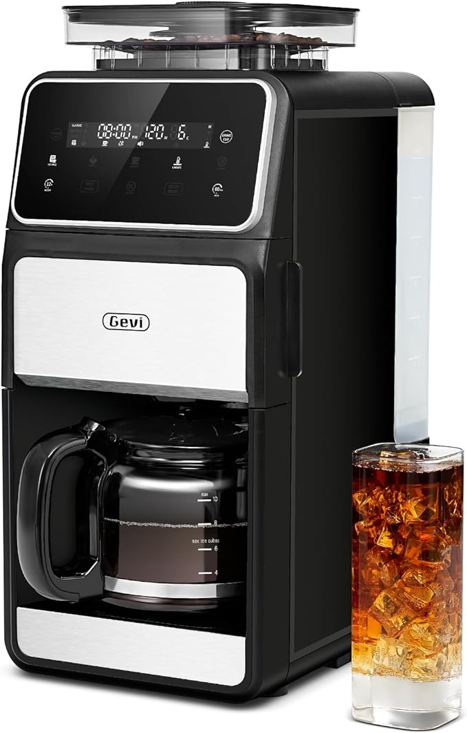 Gevi 10 Cup Drip Coffee Maker with Built-in Grinder, Grind ＆ Brew Burr Combo Coffee Machine with Touch Screen, Programmable, 4-Hour Warm Plate, Permanent Filter, Coffee Carafe
