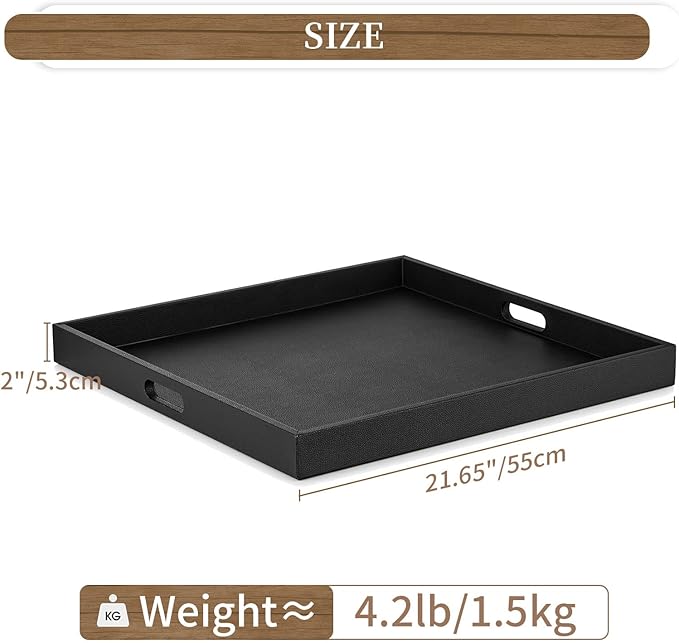 Hanobe Square Large Ottoman Tray: Extra Large Black Serving Tray for Ottomans Big Leather Decorative Tray with Handles for Coffee Table Living Room 22" x 22"
