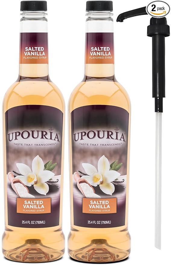 Upouria Salted Vanilla Syrup Flavoring, 100% Vegan, Gluten-Free, Kosher, 750ml bottle (Pack of 2) with 1 Syrup Pump