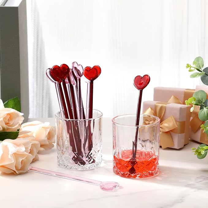 12 Pcs Heart Glass Drink Stirrers 7 Inch Swizzle Sticks for Cocktails Coffee Reusable Heart Shape Stir Sticks for Coffee Bar Kitchen Home Party Bar Weddings Decorations