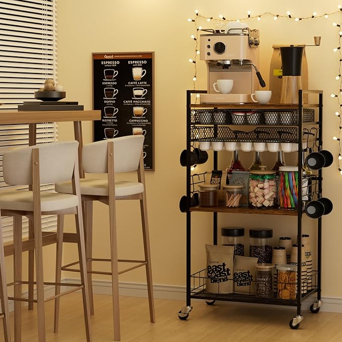 Coffee Bar Station with Storage Drawer - 5 Tier Coffee Table Countertop Organizer for K Cups, Tea Bags, Sugar Storage and Kitchen Cabinets (Brown)