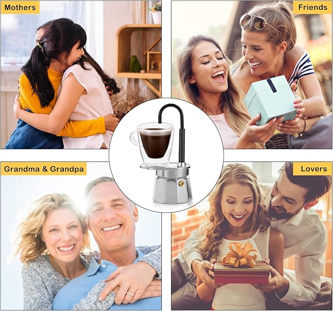 MVPLUE-Mini Express Swiss Single Tube Moka Pot Aluminum Silver，Moka Set includes One Double Wall 3oz Cup,Enjoy delicious coffee in no time