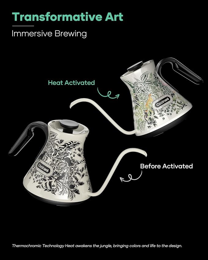 Cocinare Color-changing Collection Jungle Gooseneck Electric Kettle, ±0.5℉ Precise Temperature Control for Pour-Over Coffee & Tea, Quick Heating 1500W, Stainless Steel Interior, 0.9L