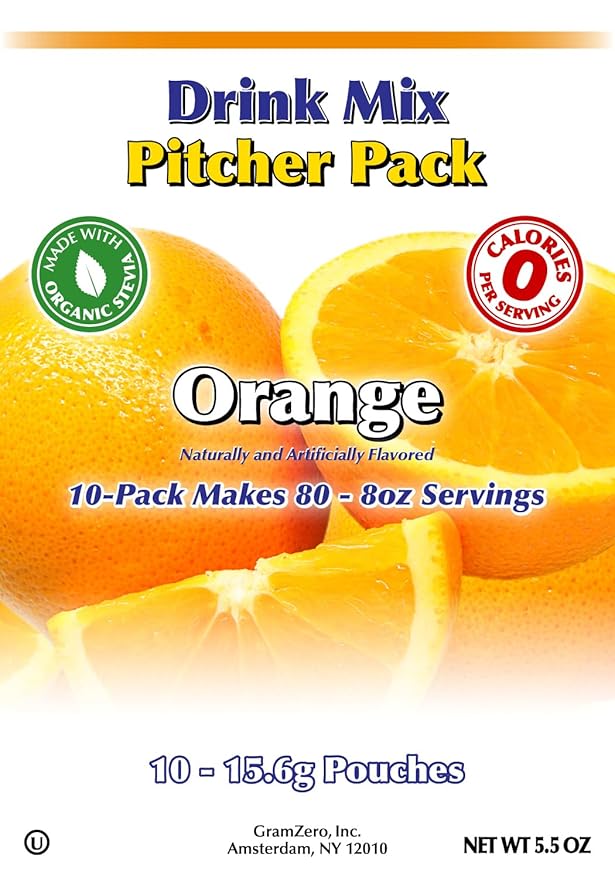 GramZero Orange, Sugar Free Drink Mix, Pitcher Pack, Great For Nutrition Club Loaded Tea, Zero Calorie, Stevia Sweetened