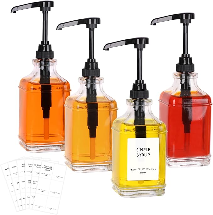 SZUAH 16oz Coffee Syrup Dispenser with Pumps 4pack(480ml), Leak-Proof Syrup Dispensers for Coffee Bar, Kitchen and Commercial Use with Stickers