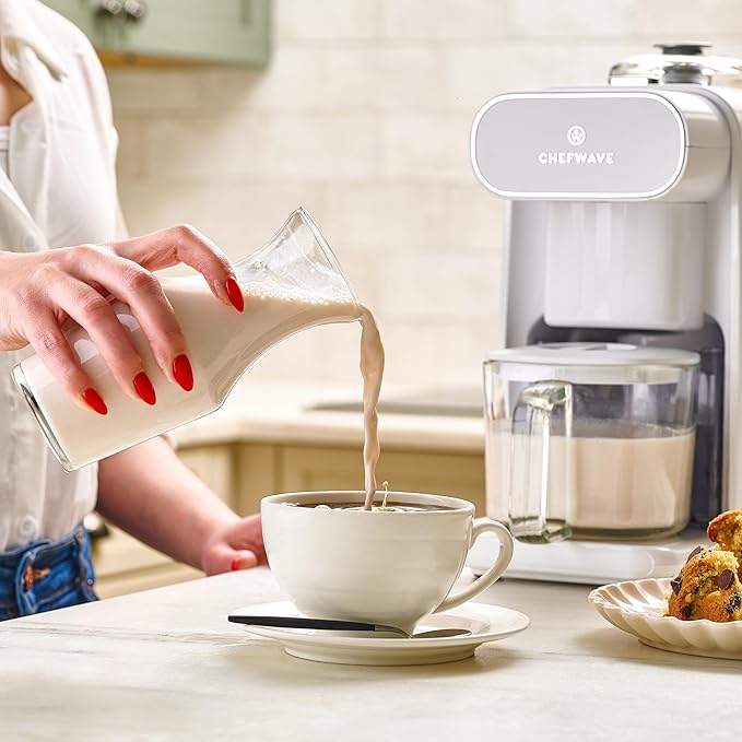 ChefWave Milkmade Soy Milk Maker (Silver/White) 6-in-1 Vegan Plant-Based Milk Machine with Auto Clean, and Delay Start, Almond, Oat, Soy, Cashew, Coconut, Macadamia Milk Maker with Nut Platter