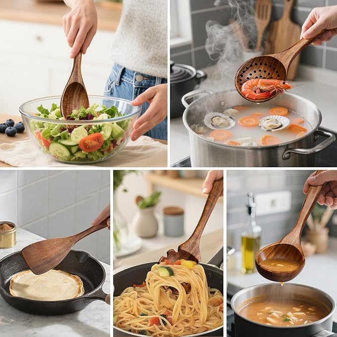 10-Piece Teakwood Utensil Set for Cooking, Natural Wooden Spoons & Spatulas for Non-Stick Cookware, Kitchen Gift Set for Wedding, Housewarming, Christmas