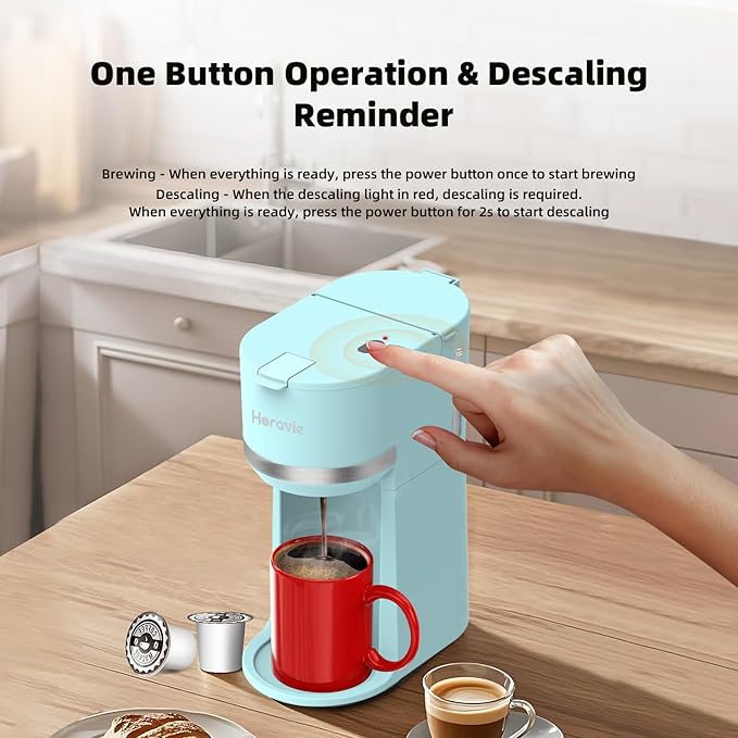 Horavie Mini Single Serve Coffee Maker for K Cup and Ground Coffee, Fast Brew One Cup Coffee Machine with Descaling Reminder and Water Window, 6 to 12 oz. Brew Sizes, Light Blue