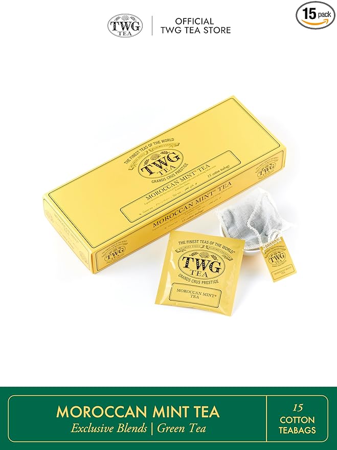 TWG Tea | Moroccan Mint Tea | Green Tea | Spearmint Leaves | 15 Hand Sewn Cotton Tea Bags | Gift Set