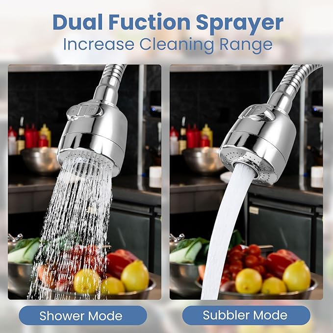 Airuida Chrome Polish Wall Mount Kitchen Sink Faucet 8 Inch Center Unility Faucet Wall Mounted Double Lever Handles Commercial Faucet with 360 Degree Rotation Sprayer Brass Valve Body Mixer Tap