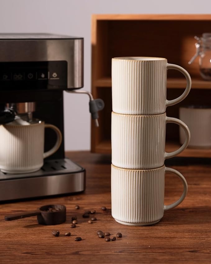 famiware Coffee Mug Set for 8, Star 12 oz Catering Mugs Cup Set with Handle for Coffee, Tea, Cocoa, Milk - Ceramic Stoneware Drinkware Set, Cappuccino White