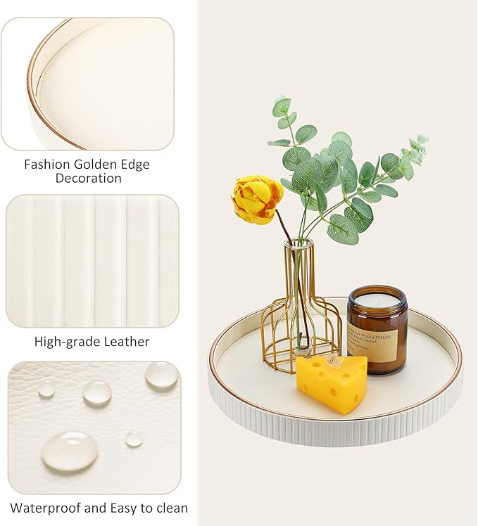 KINGFOM Round Decorative Tray, PU Leather Vanity Tray Organizer with Gold Trim for Dresser, Coffee Table & Bathroom Counter, Modern Home Decor Jewelry & Perfume Tray for Men Women (Ivory White)