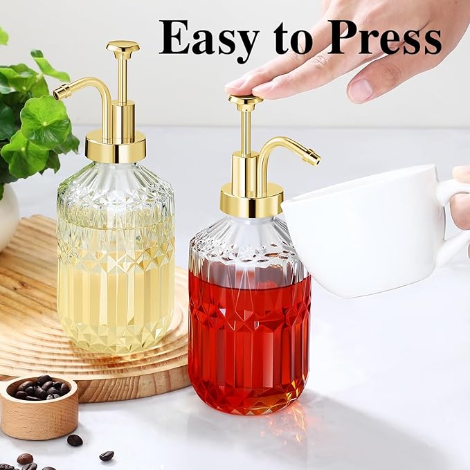 Glass Coffee Syrup Dispenser 13.5oz, Syrup Bottles with Luxurious Diamond Texture, Gold Syrup Pump, Coffee Bar Accessories, Kitchen Decoration