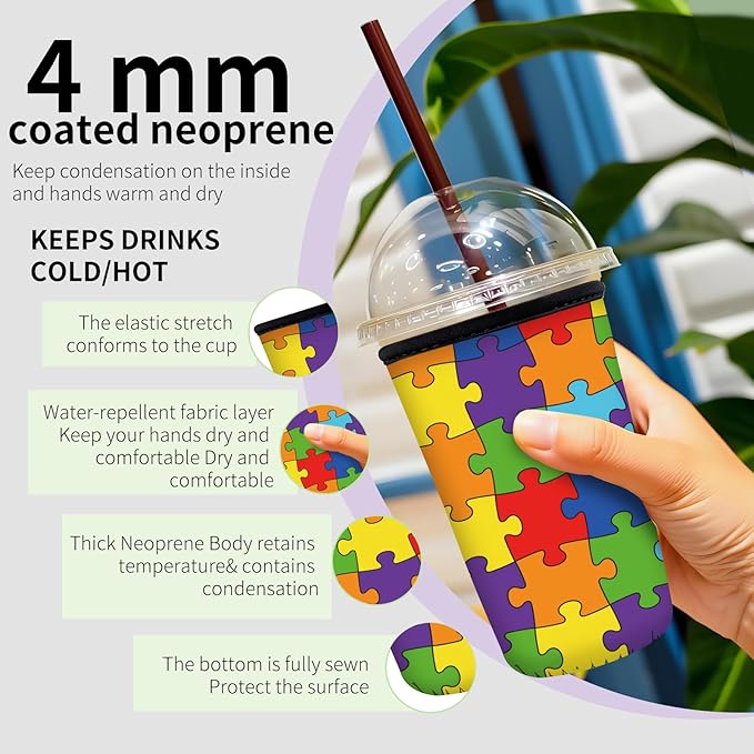 Reusable Neoprene Insulator Sleeve for Iced Coffee Cups, Medium 22-28oz Durable Drink Sleeve for Cold Beverages, Cute Beverage Holder Cup Sleeve for Women Men Cute Jigsaw