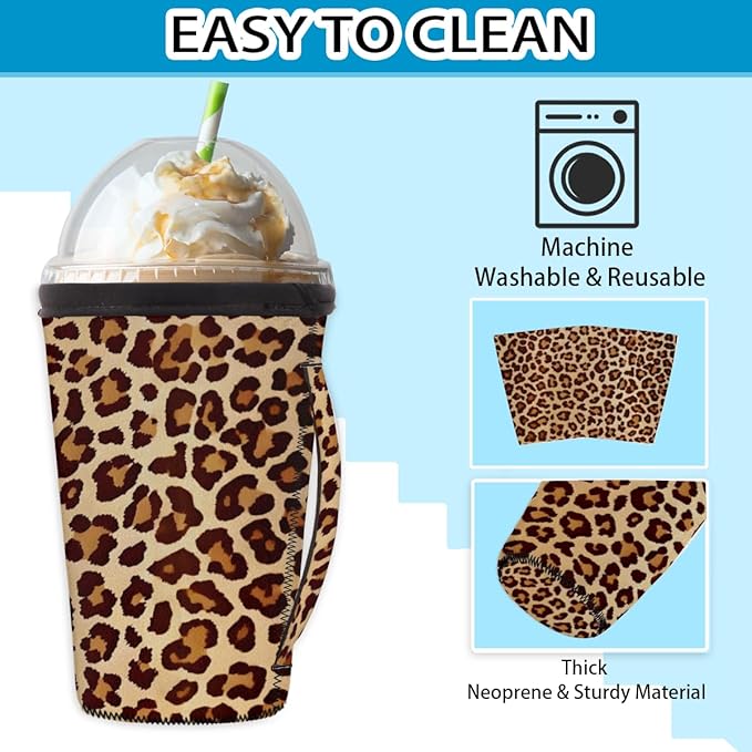 Leopard Cheetah Print Reusable Insulator Coffee Sleeves for Drinks Beverages, Neoprene Holder with Handle for Most Coffee or Ice Drink, 24-28oz