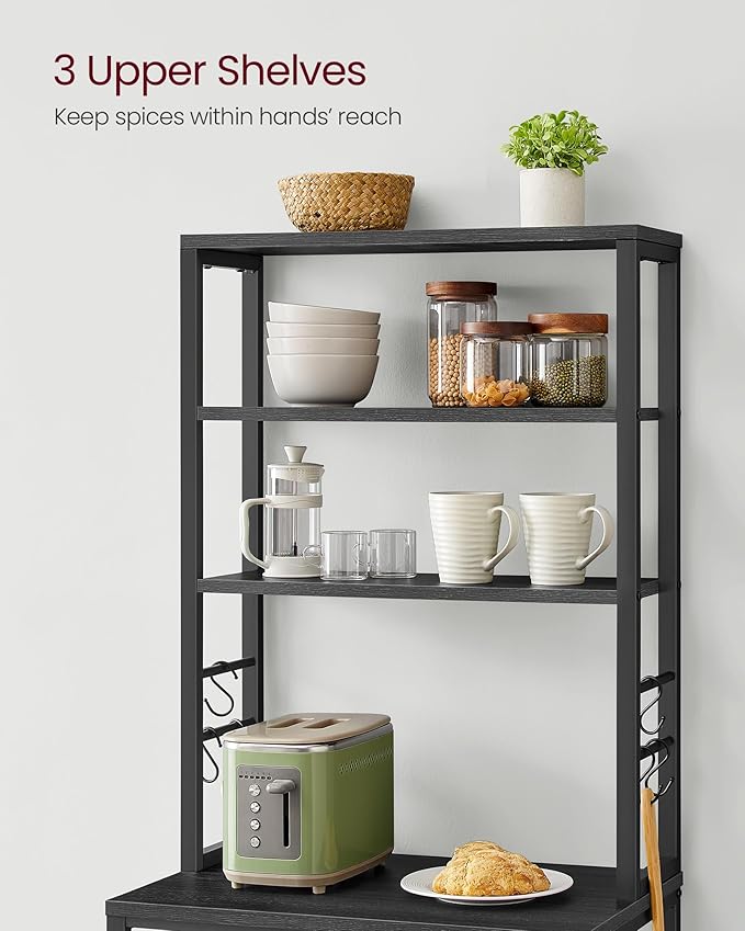 VASAGLE Coffee Bar, 23.6 Inches Baker's Rack for Kitchen with Storage, 6-Tier Kitchen Shelves with 6 Hooks, Microwave Stand, Industrial, Charcoal Gray and Ink Black UKKS024B22