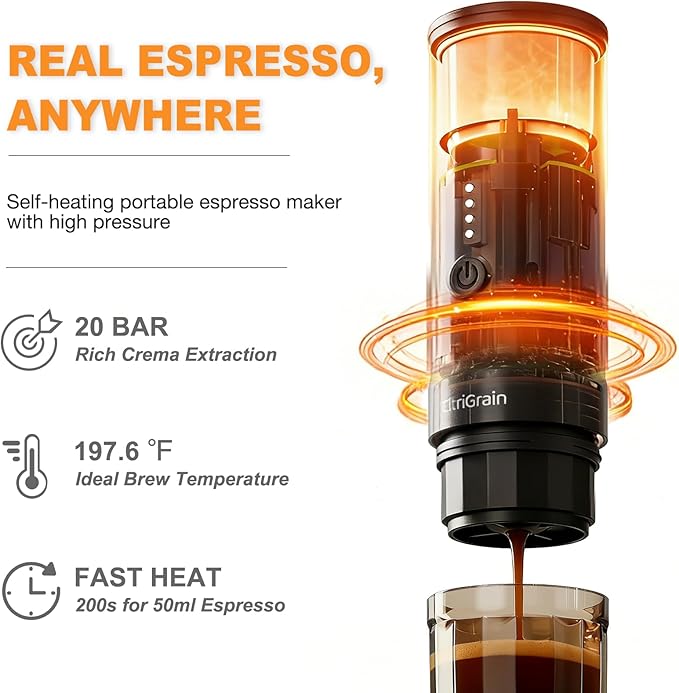 Portable Espresso Maker, Self-Heating Travel Espresso Machine, USB-C Rechargeable, for Ground Coffee & NS Capsules