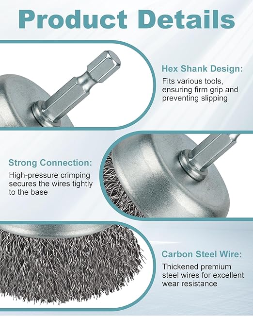 10 Pcs Wire Brush for Drill, Coarse Carbon Steel Crimping Wire Wheel Brush, 1/4 Inch Hex Shank, Wire Cup Brush Drill Bit for Cleaning Rust, Stripping and Abrasive