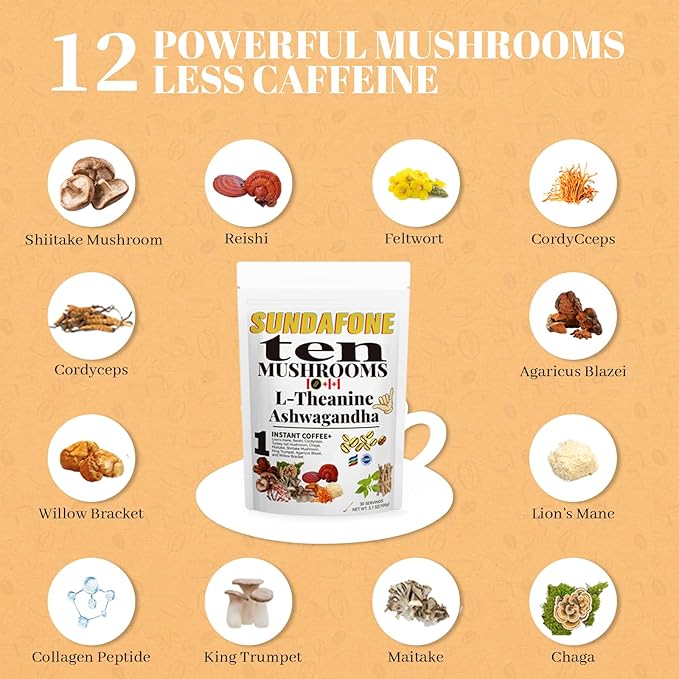 SUNDAFONE Mushroom Coffee with L-Theanine, Ashwagandha,Lion's Mane, Reishi and 10 Adaptogenic Mushrooms; Super Instant Cold Brew Protein Iced Coffee Blend; 0g of Sugar, Low Caffeine, 30 Servings