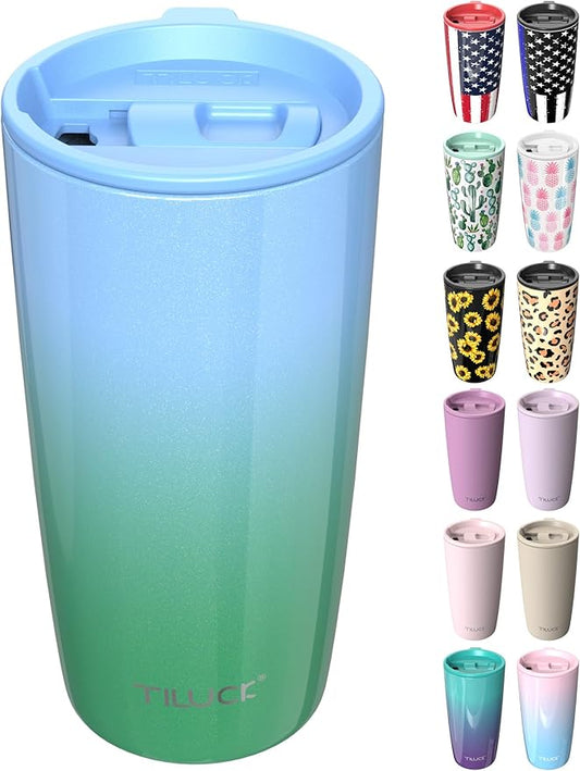 TILUCK 20 oz Tumbler with Lid, Vacuum Insulated Stainless Steel Coffee Mug, Double-Walled Travel Tumbler for Hot and Cold Drinks(GlitterGreenBlue, 20oz)