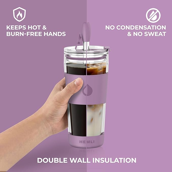 19 oz Clear Double Wall Borosilicate Glass Coffee Tumbler, to Go Travel Mug with Lid, Portable with Straw, Reusable Cup for Tea, Smoothies, Iced Coffee, and Boba