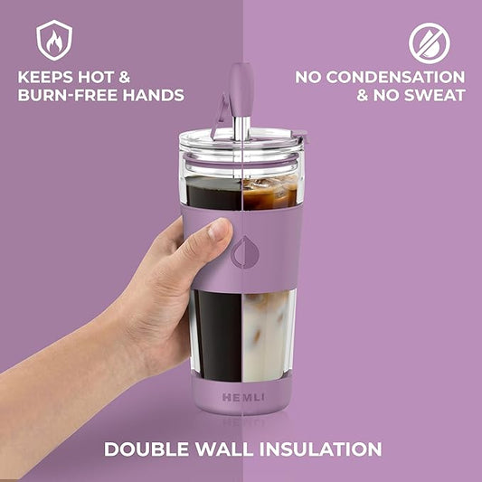 19 oz Clear Double Wall Borosilicate Glass Coffee Tumbler, to Go Travel Mug with Lid, Portable with Straw, Reusable Cup for Tea, Smoothies, Iced Coffee, and Boba