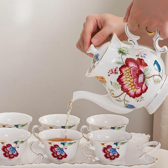Jomop European Style Ceramic Flower Teapot Coffee Pot Water Pot Porcelain Gift Large 5.5 Cups (1, Blue and Red)