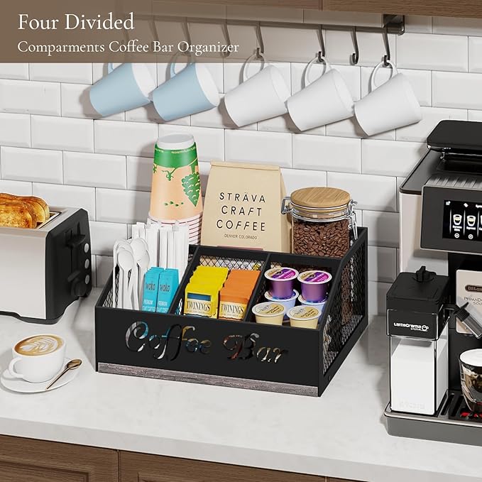 BCOZLUX Coffee Bar Organizer for Countertop, Wooden Counter Station Organizer with Metal Mesh Basket, Coffee Bar Accessories Decor for Pods Condiment Syrup Tea Sugar, Gray