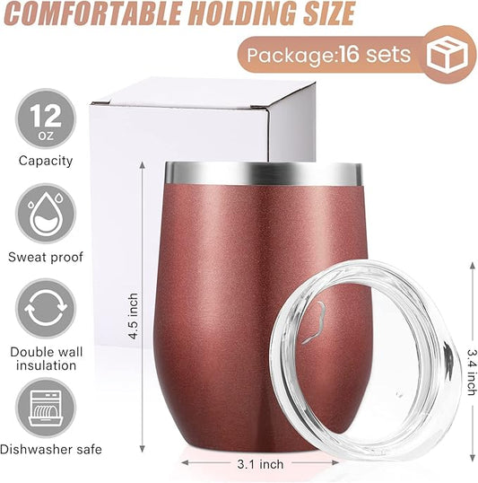 16 Pack Stainless Steel Wine Tumblers 12 oz Insulated Vacuum Wine Cup Set Double Wall Stainless Steel Stemless Mug Glasses for Coffee Soda Whiskey Outdoor Travel (Rose Gold)