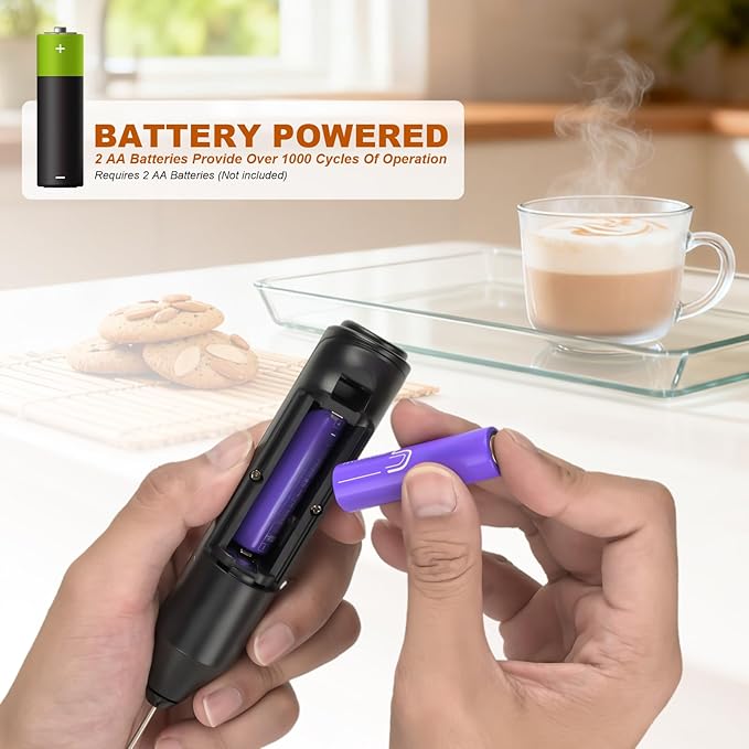 Handheld Milk Frother, Battery Operated Electric Foam Maker, Milk Frother Wand Drink Mixer with Stainless Steel Whisk for Coffee, Matcha, Lattes, Cappuccino (Black with stand)