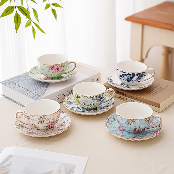Tea Cup and Saucers, 6.4oz Floral Tea Cups with Gold Trim, Coffee Cappuccino Espresso Latte Mugs for Party Birthday,Christmas Gift (Iris - Blue)