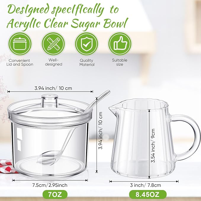 Baderke 3 Pcs Sugar and Creamer Set, 8.5 Ounce Acrylic Cream Pitcher, Glass Sugar Bowl with Lid and Spoon, Cream and Sugars Set, Coffee Serving Sets Wedding Gift