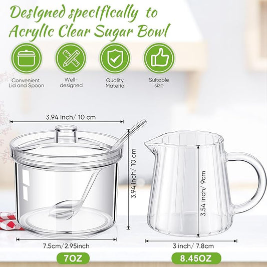 Baderke 3 Pcs Sugar and Creamer Set, 8.5 Ounce Acrylic Cream Pitcher, Glass Sugar Bowl with Lid and Spoon, Cream and Sugars Set, Coffee Serving Sets Wedding Gift