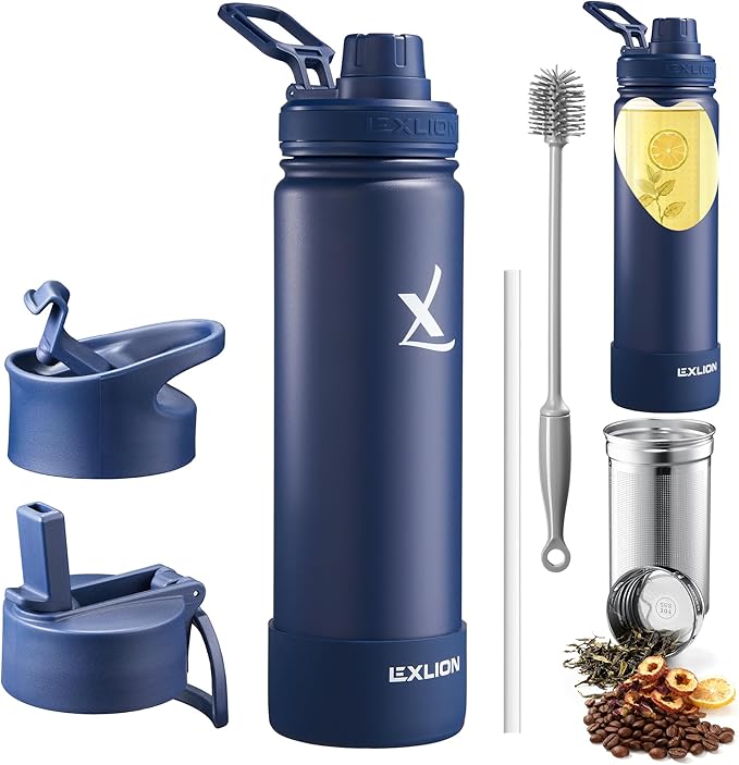 Lexlion Tea Infuser Water Bottle 22 Oz – Triple Wall Insulated Stainless Steel, Loose Leaf & Fruit Strainer, 3 Leakproof Lids, BPA-Free Silicone Sleeve, Reusable Thermal Mug
