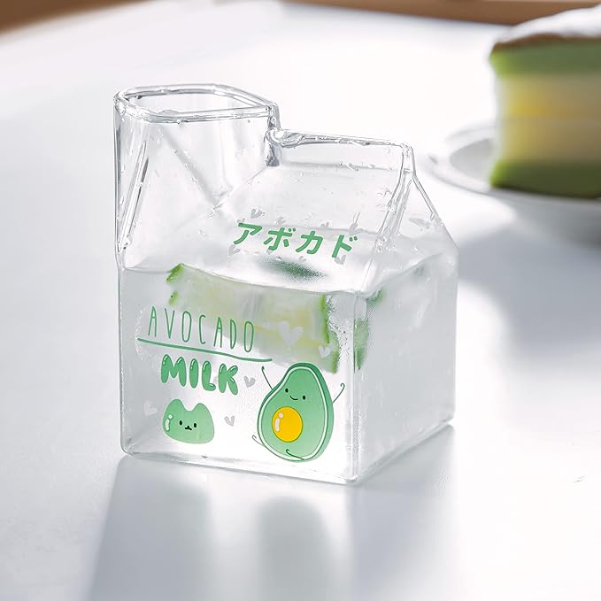 Kawaii Glass Milk Carton Cup Clear Cute Milk Cup Mini Creamer Pitcher Container Microwavable 12 Oz, 1Pcs(Avocado)