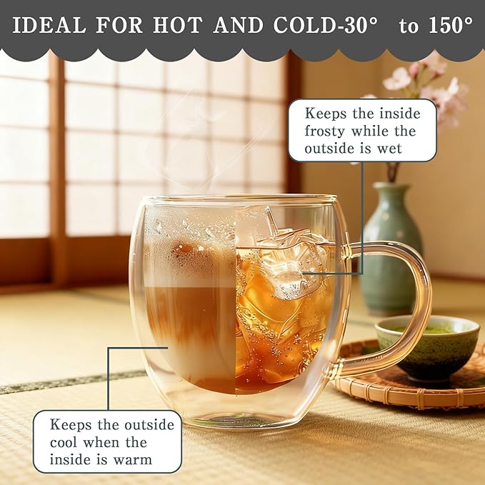12 Pcs 8 oz Glass Coffee Mugs with Handle and Spoons Clear Insulated Tea Cups Set Espresso Coffee Mugs Borosilicate Double Glassware Cups for Latte Iced Hot Beverages