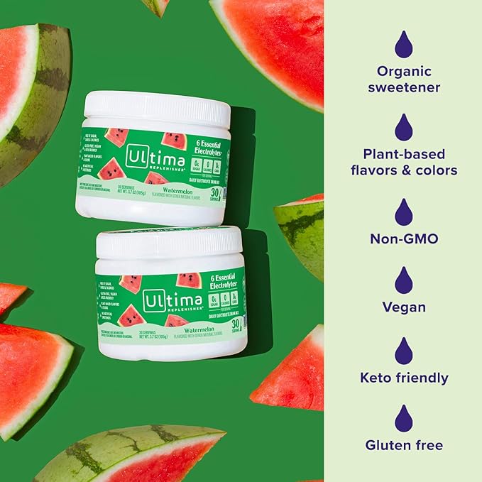 Ultima Replenisher Daily Electrolyte Powder Drink Mix – Sugar Free – Watermelon, 30 Servings – Hydration Powder with 6 Key Electrolytes and Trace Minerals – Keto Friendly, Vegan, Non-GMO