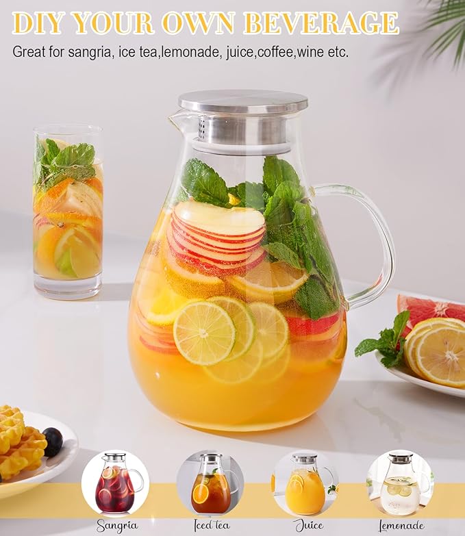 LUNA & MANTHA 1 Gallon Glass Pitcher with Lid, 128oz Glass Water Pitcher with Handle for Fridge, Borosilicate Large Water Jug, Iced Tea, Coffee and Sangria Hot/Cold Beverage (Extra-Wide Mouth)